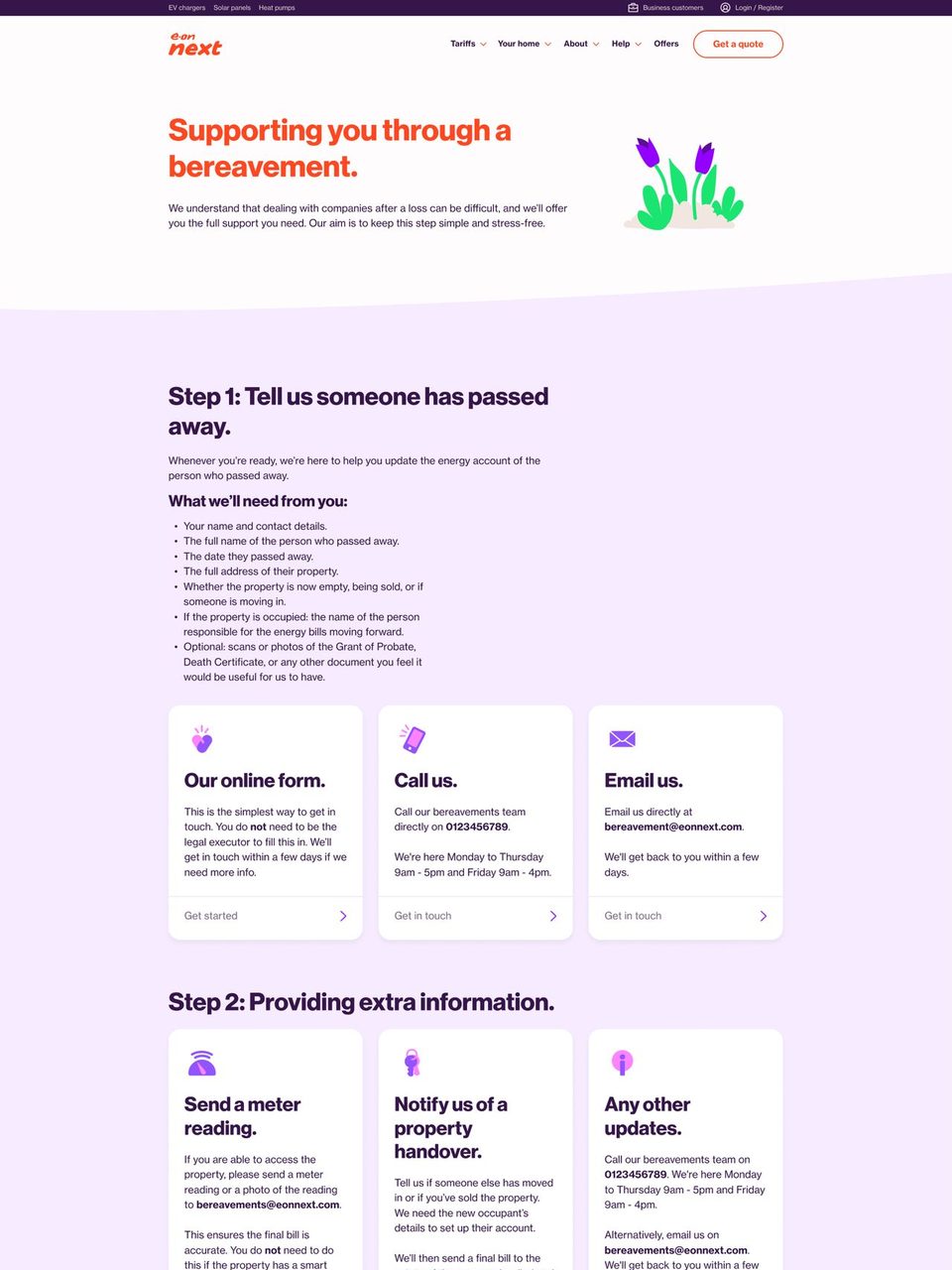 After: the new page opens with Supporting you through a bereavement, a gentle introduction and step 1, Tell us someone has passed away