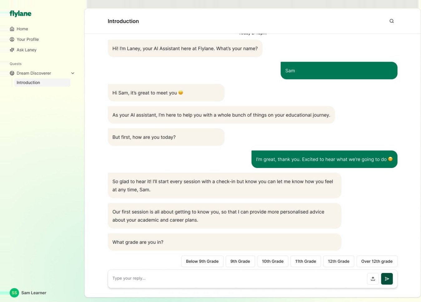 Laney's AI-led chat: Laney introduces itself, asks the student's name and what grade they are in