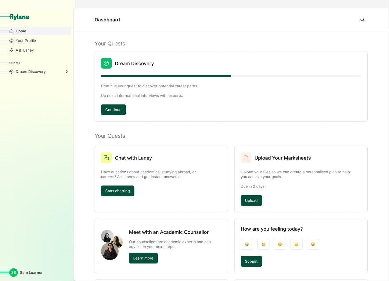 The student dashboard showing quests, a chat with Laney, marksheet upload and a prompt to meet an academic counsellor