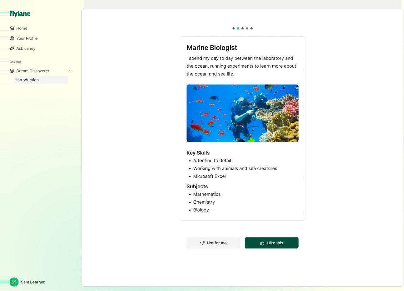 A career match-making card for Marine Biologist, with a day-in-the-life summary, key skills and subjects