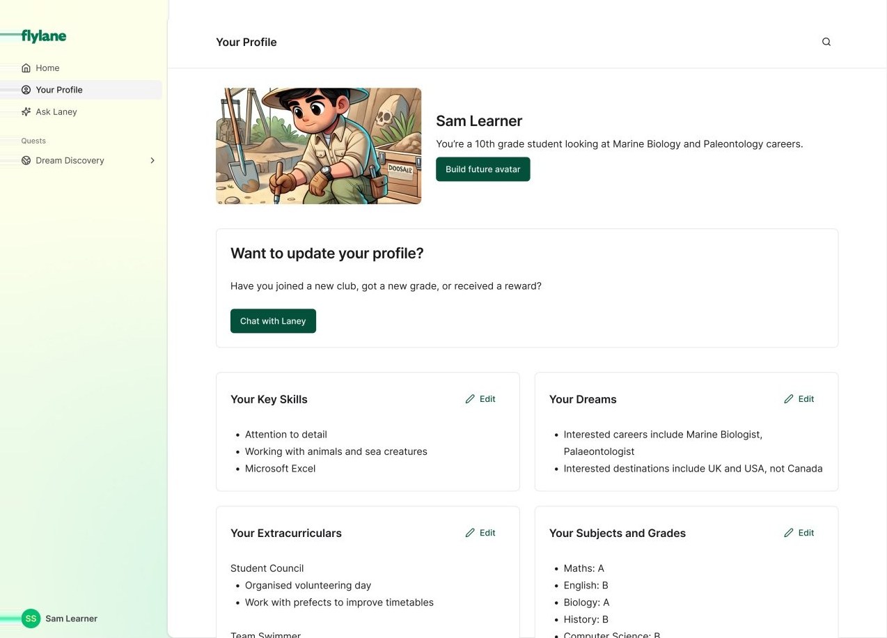 A student profile with an AI-generated future avatar, key skills, dreams, extracurriculars and grades